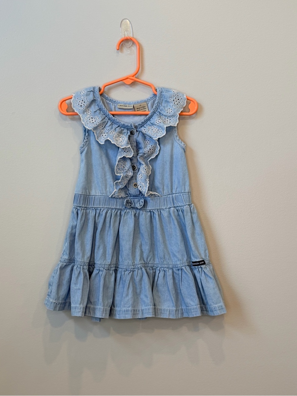 Calvin Klein Jeans Eyelet Ruffle Denim 100% Cotton Dress Size 3T